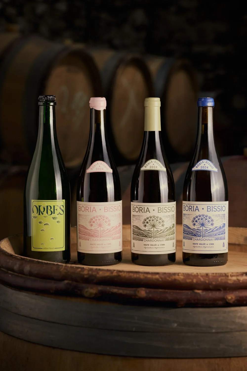 Belle photo packshot lifestyle : les quatre cuvees du domaine (Orbes petillant, et trois Boria Bissio Chardonnay aux capsules rose/jaune/bleue) alignees sur une tete de tonneau, devant une rangee de barriques dans le chai. Lumiere chaude. Met en valeur la gamme + l'ambiance cave.